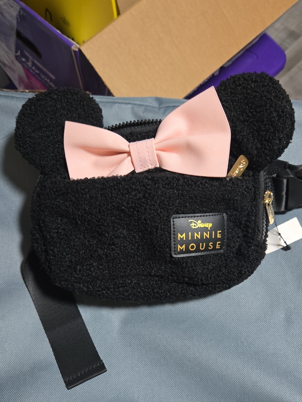 Brand New Disney Minnie Mouse Black Faux-Fur Fanny Bag with Pink Bow Accent